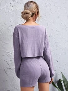 SHEIN Essnce 落肩羅紋針織短版上衣和寬腰帶短褲套裝 - 紫丁香色 - 查看 2