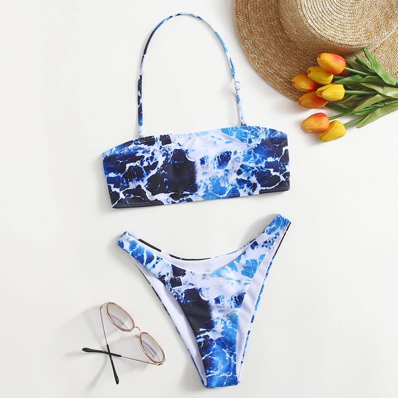 

Ocean Pattern High Leg Bikini Swimsuit, Blue