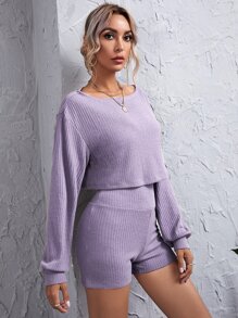 SHEIN Essnce 落肩羅紋針織短版上衣和寬腰帶短褲套裝 - 紫丁香色 - 查看 3