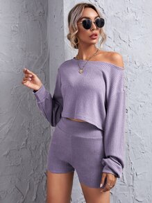 SHEIN Essnce 落肩羅紋針織短版上衣和寬腰帶短褲套裝 - 紫丁香色 - 查看 5