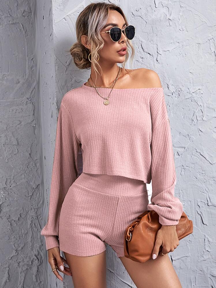 SHEIN Privé Drop Shoulder Rib-knit Crop Top & Wide Waistband Shorts Set - Dusty Pink - View 1