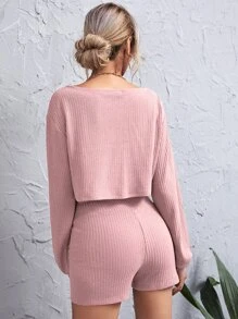 SHEIN Privé Conjunto top corto tejido de canalé de hombros caídos con shorts de cintura ancha - Rosa vieja - Ver 2