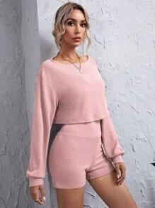 SHEIN Privé Conjunto top corto tejido de canalé de hombros caídos con shorts de cintura ancha - Rosa vieja - Ver 3