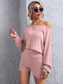 SHEIN Privé Conjunto top corto tejido de canalé de hombros caídos con shorts de cintura ancha - Rosa vieja - Ver 5
