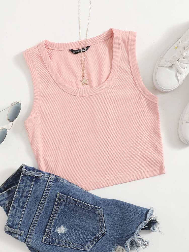 SHEIN EZwear Scoop Neck Solid Tank Top - Baby Pink - View 1