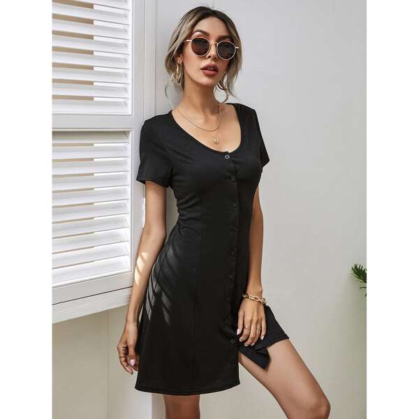 

Solid Button Front A-line Dress, Black