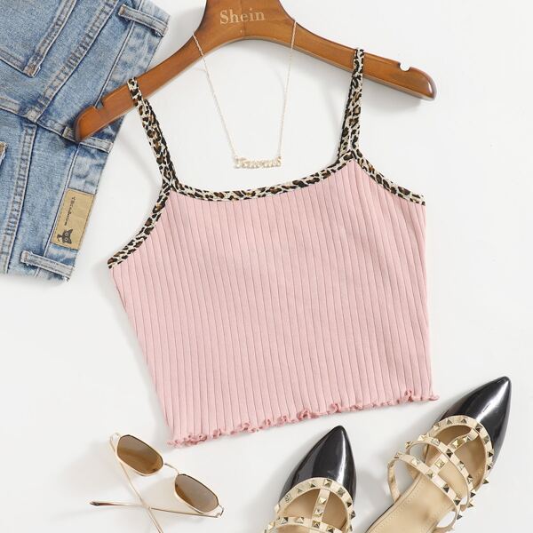 

Contrast Leopard Binding Lettuce Trim Cami Top, Baby pink