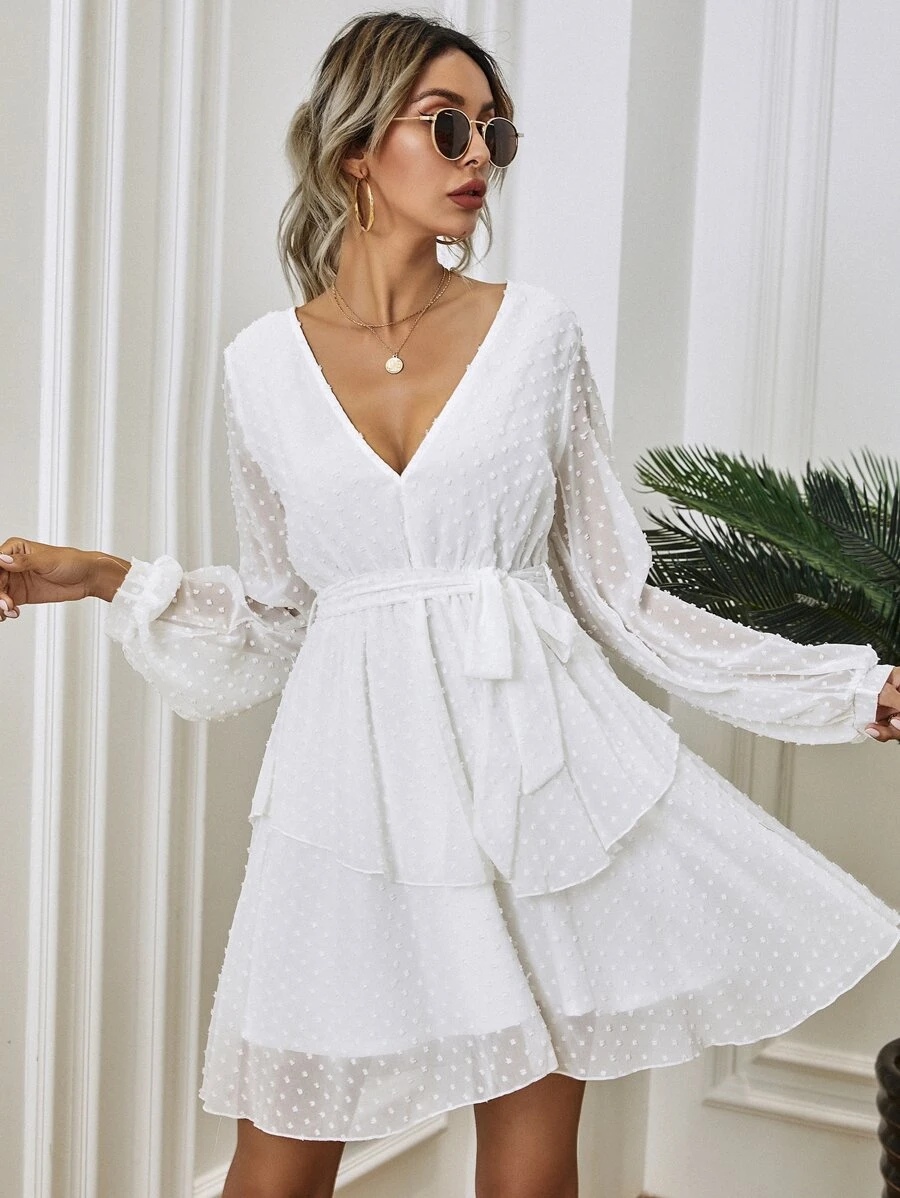 SHEIN Privé Đầm Thắt lưng màu trơn Thanh lịch - trắng - Xem 1
