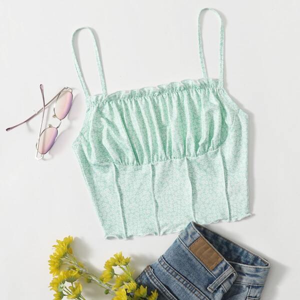 

Ruched Bust Stitch Trim Ditsy Floral Cami Top, Mint green