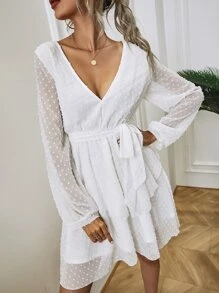 SHEIN Privé Đầm Thắt lưng màu trơn Thanh lịch - trắng - Xem 3