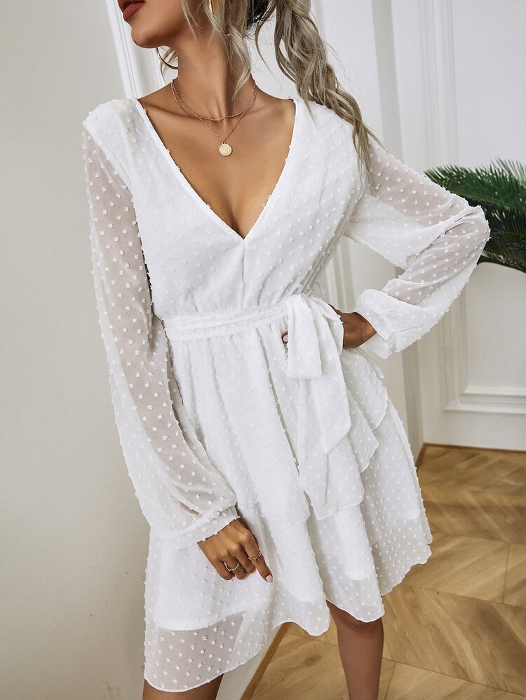 SHEIN Privé Đầm Thắt lưng màu trơn Thanh lịch - trắng - Xem 3