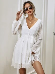 SHEIN Privé Đầm Thắt lưng màu trơn Thanh lịch - trắng - Xem 4