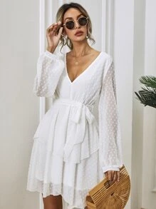 SHEIN Privé Đầm Thắt lưng màu trơn Thanh lịch - trắng - Xem 5