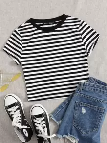 SHEIN EZwear Striped Print Tee - Black and White - View 1