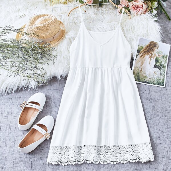 

Contrast Lace Solid Cami Dress, White