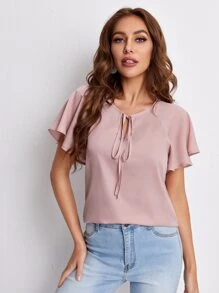 SHEIN Clasi Tie Neck Flounce Sleeve Top - Dusty Pink - View 1