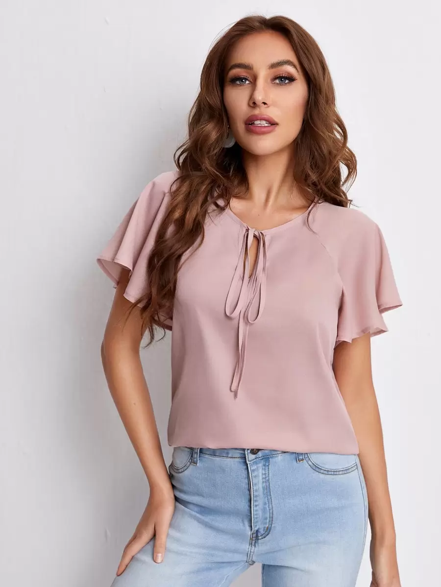 SHEIN Clasi Tie Neck Flounce Sleeve Top - Dusty Pink - View 1