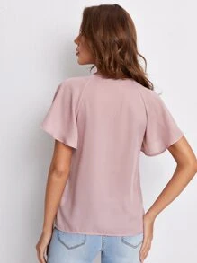SHEIN Clasi Tie Neck Flounce Sleeve Top - Dusty Pink - View 2