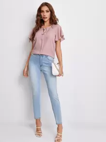 SHEIN Clasi Tie Neck Flounce Sleeve Top - Dusty Pink - View 3