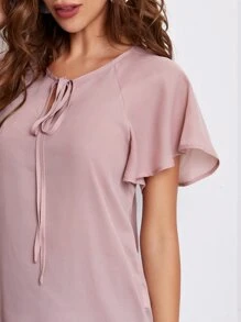 SHEIN Clasi Tie Neck Flounce Sleeve Top - Dusty Pink - View 4