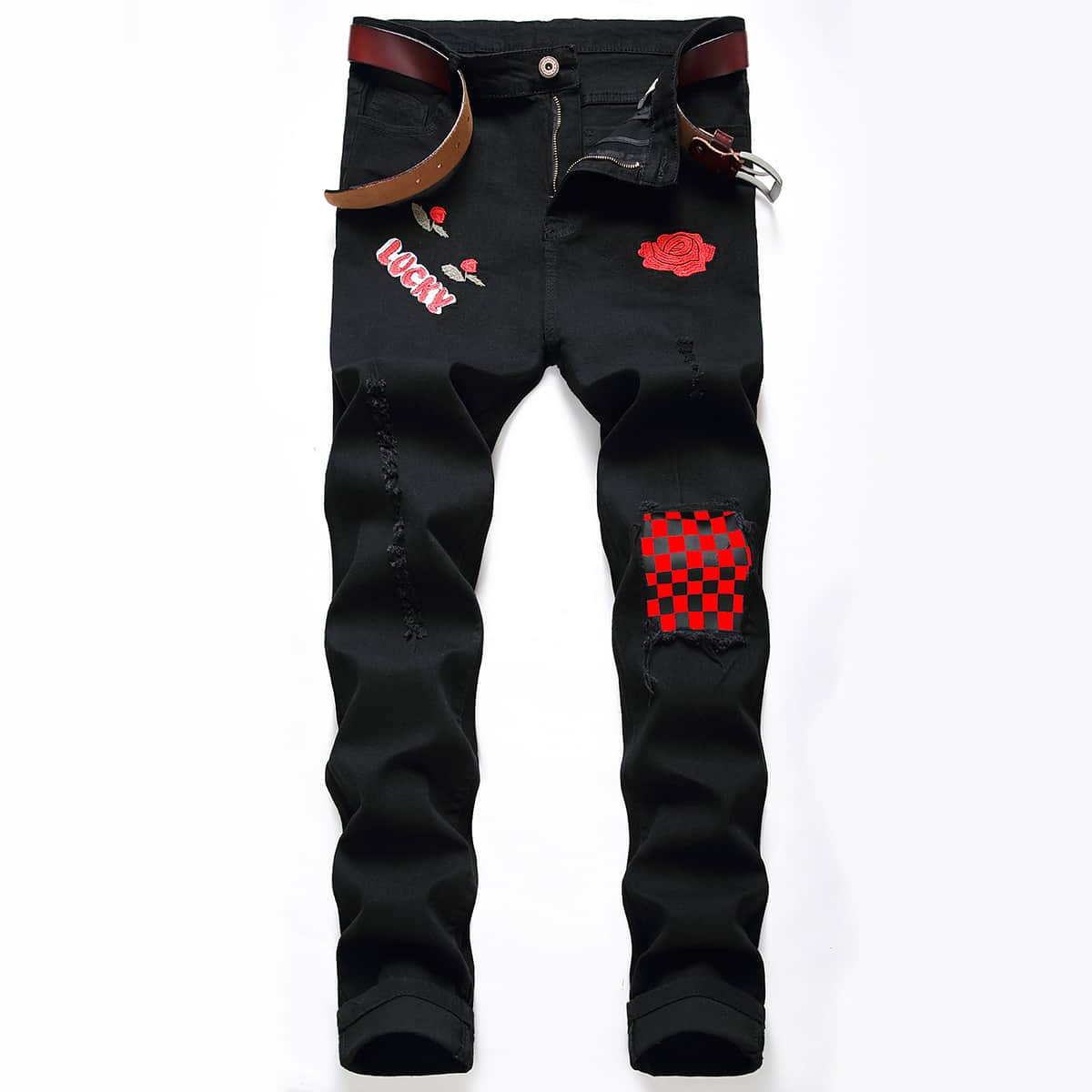 

Guys Letter Rose Embroidery Ripped Jeans, Black
