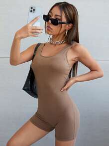 Muchica Scoop Neck Rib-knit Tank Unitard Romper - Mocha Brown - View 1