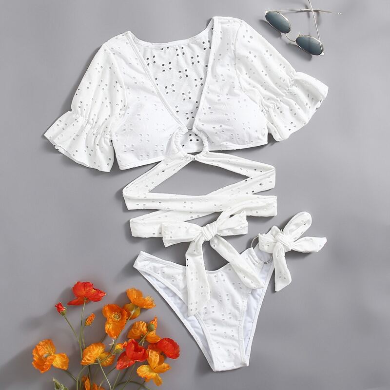 

Schiffy Ring Decor Crisscross Bikini Swimsuit, White