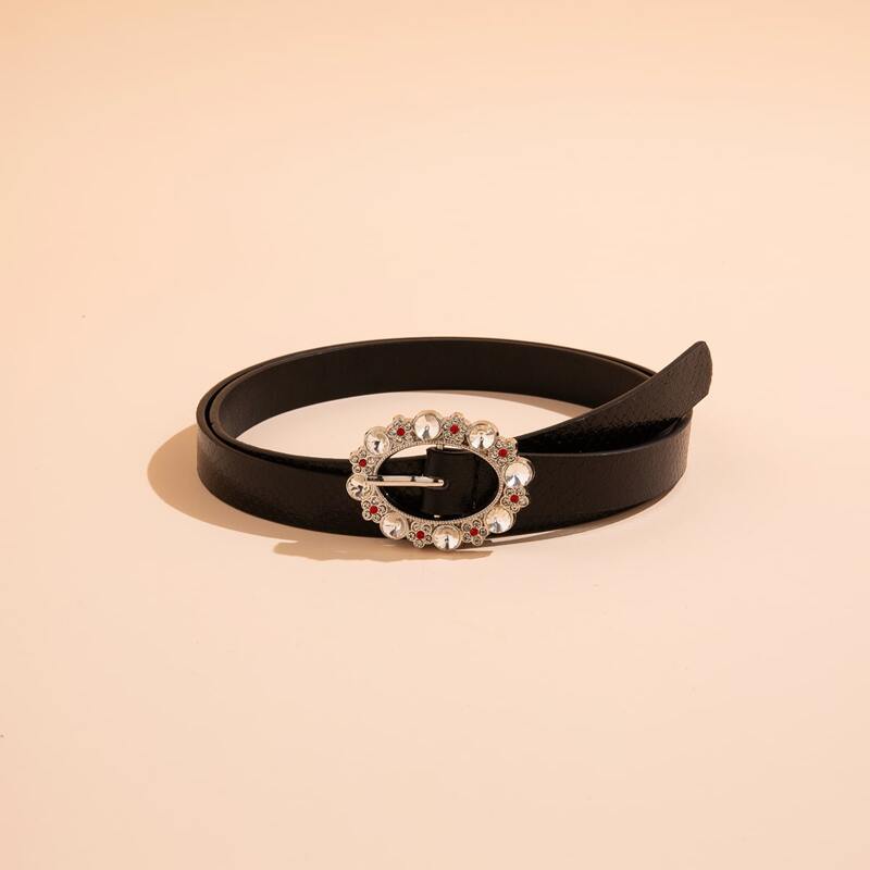 

Rhinestone Oval Buckle Belt, Black