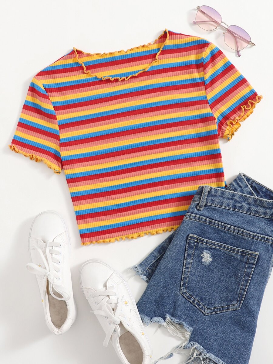 SHEIN EZwear Rainbow Striped Lettuce Trim Tee - Multicolor - View 1