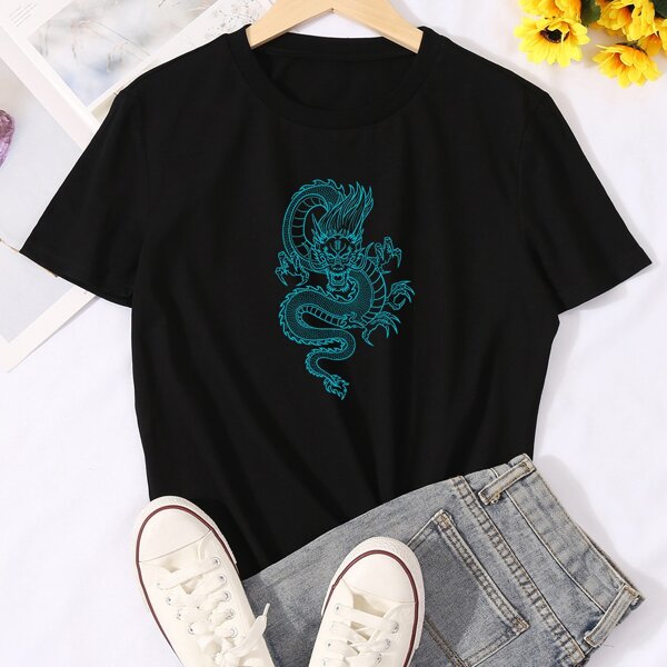 

Chinese Dragon Print Tee, Black