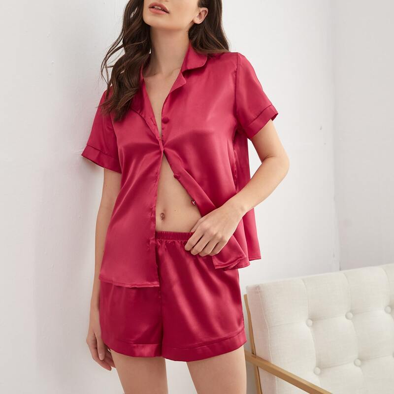 

Lapel Neck Satin PJ Set, Rose red
