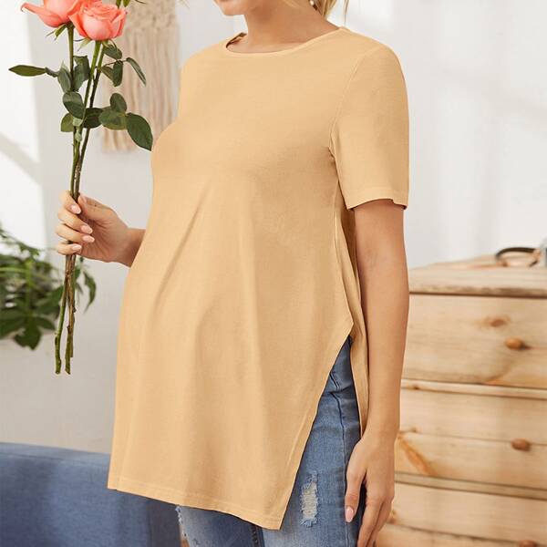 

Maternity Split Side Solid Tee, Camel