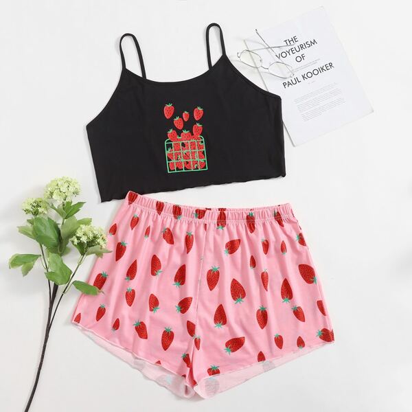 

Plus Strawberry Print Cami Pajama Set, Multicolor