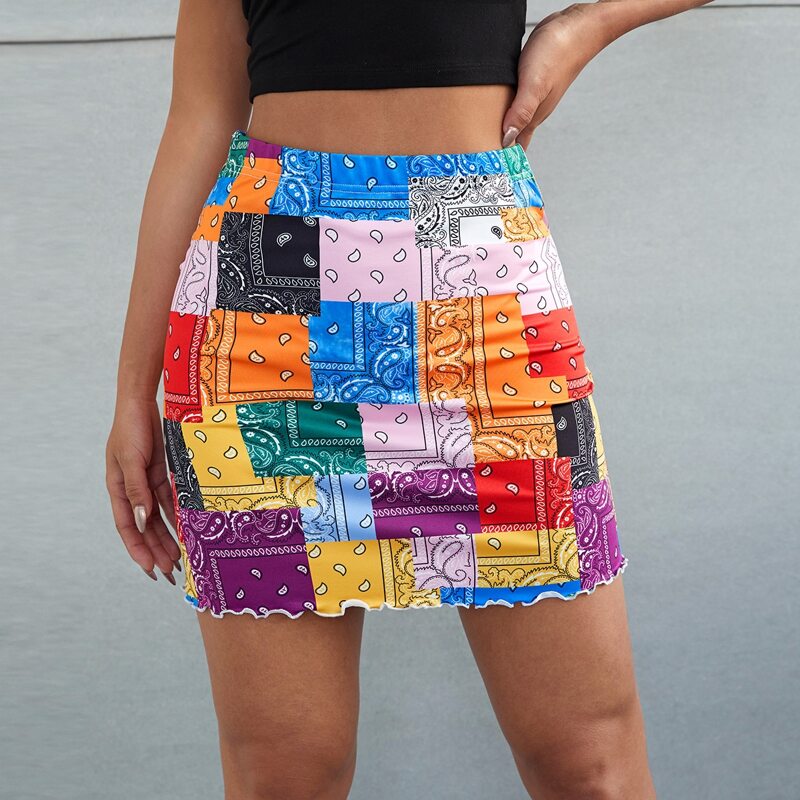 

Patchwork Print Lettuce Trim Skirt, Multicolor