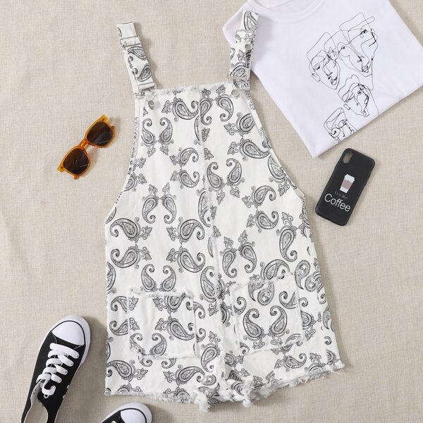 

Pocket Front Frayed Hem Paisley Overalls, Black and white