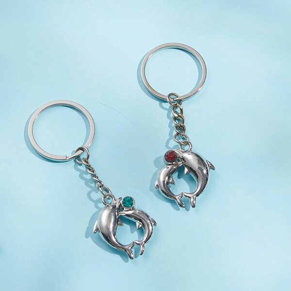 

2pcs Men Rhinestone Animal Charm Keychain, Silver