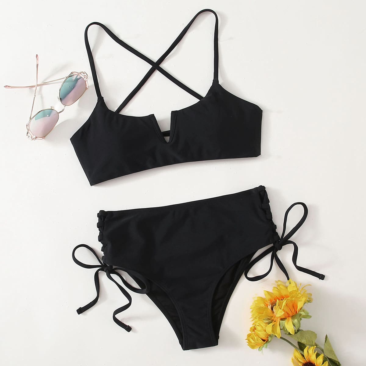 

V-wired Lace-up Bikini Swimsuit, Black