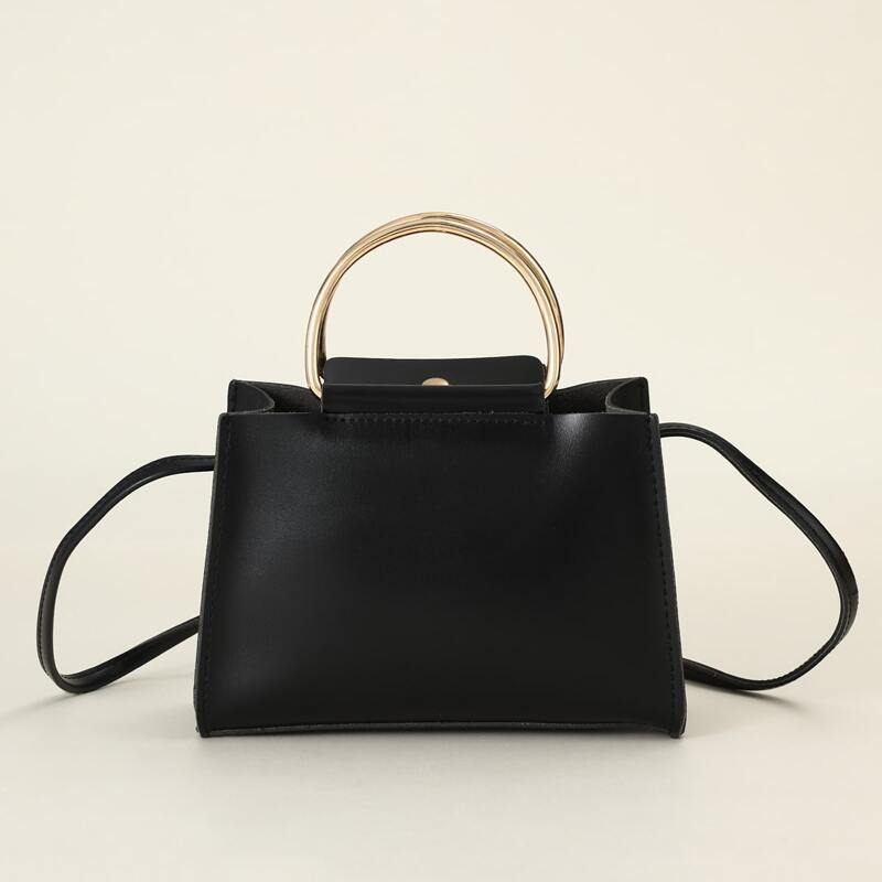 

Solid Ring Handle Satchel Bag, Black