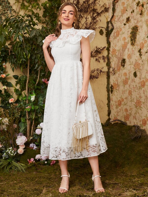 Mulvari Mock Neck Ruffle Trim Floral Dress