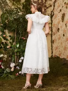 Seusyu 小高領荷葉邊花卉連衣裙 - 白色 - 查看 2