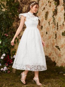 Seusyu 小高領荷葉邊花卉連衣裙 - 白色 - 查看 3