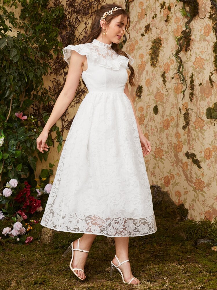 Seusyu 小高領荷葉邊花卉連衣裙 - 白色 - 查看 3