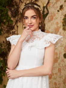 Seusyu 小高領荷葉邊花卉連衣裙 - 白色 - 查看 4