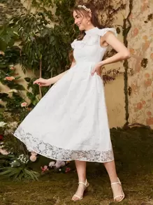 Seusyu 小高領荷葉邊花卉連衣裙 - 白色 - 查看 5