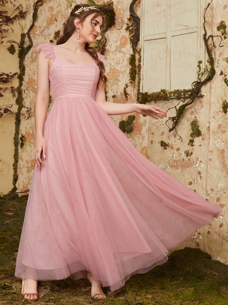 SHEIN Unity 抽褶細節素色網紗連衣裙 - 藕粉色 - 查看 2