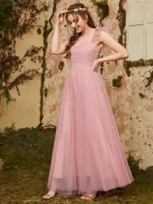 SHEIN Unity Vestido De Malla Unicolor Con Detalle Fruncido - Rosa vieja - Ver 1