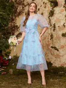 Modelyn Puff Sleeve Self Belted Floral Organza Dress - Multicolor - View 2