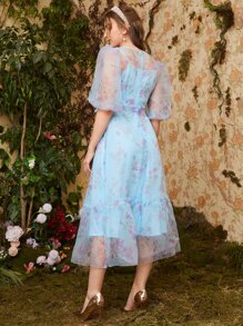 Modelyn Puff Sleeve Self Belted Floral Organza Dress - Multicolor - View 3