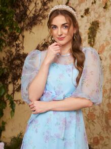 Modelyn Puff Sleeve Self Belted Floral Organza Dress - Multicolor - View 4