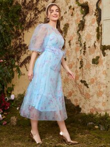 Modelyn Puff Sleeve Self Belted Floral Organza Dress - Multicolor - View 5
